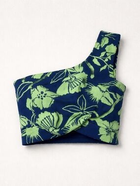 ZARA One Shoulder Floral Crop Top – Navy & Green – Twist Front – Size M